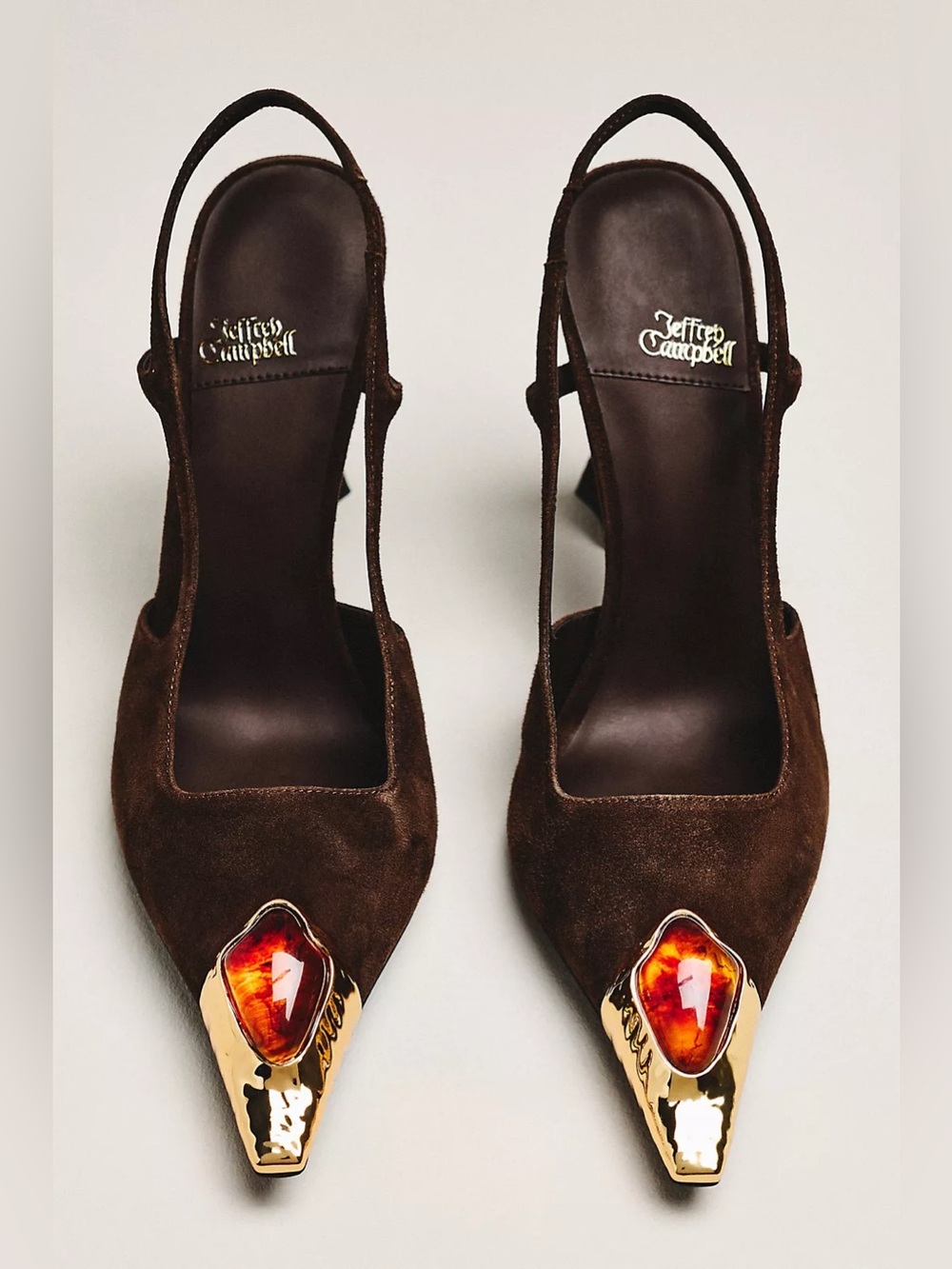Jeffrey Campbell Brown Suede Jewel Toe Slingback Heels Sculptural Pumps - Picture 3 of 4